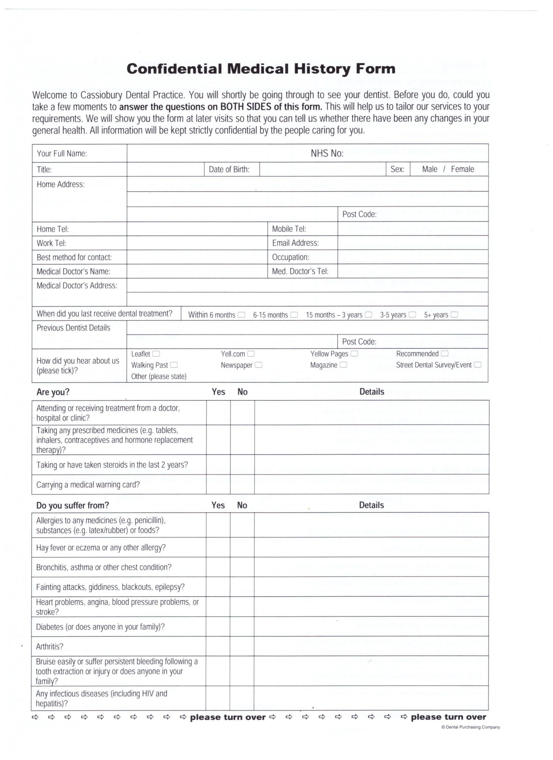 Printable Dental Health History Form